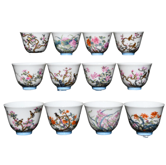 A1262 A Set 12 Chinese Qing Dynasty Famille Rose Flowers Bird Design Porcelain Cups
