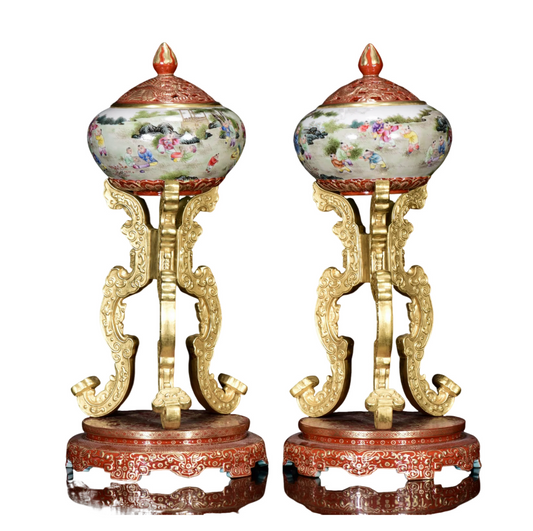 A0818 A Pair Chinese Qing Dynasty Gilt Gold Famille Rose Enamel Urchin Design Porcelain Incense Burner