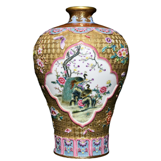 A0665 Chinese Gilt Gold Famille Rose Flowers & Peacock Design Porcelain Vase