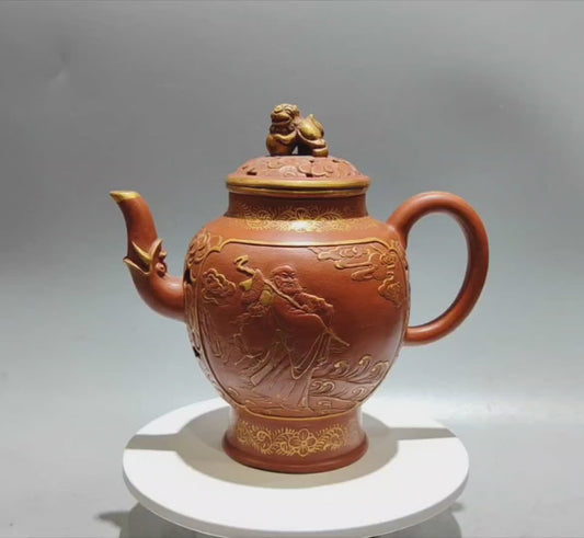 A0047 Vintage Openwork Chinese Gilt Gold Yixing Zisha Clay Arhat Design Teapot