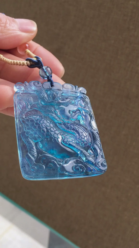 A1023 Beautiful Aquamarine Carved Fortune Kylin Pendant