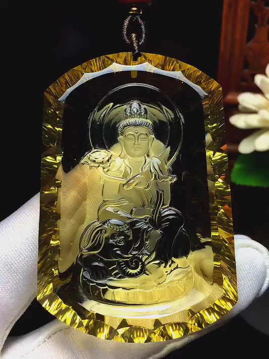 A0237 Natural Yellow Crystal Carved Samantabhadra Bodhisattva Pendant